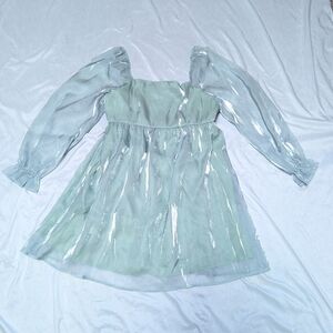 Mint Green Shimmer Fairy Ren Faire Sheer Long Sleeve Babydoll Mini Dress Aprox L